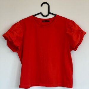 Zara Bright Red Puff Sleeve Tee